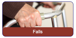 Falls: An elderly man's hand gripping his walker.
