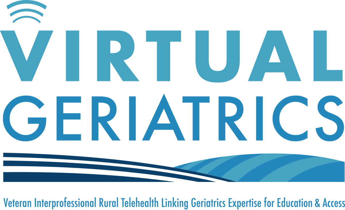 Virtual Geriatrics logo over words Veteran Interprofessional Rural Telehealth Linking Geriatrics Expertise for Education & Access